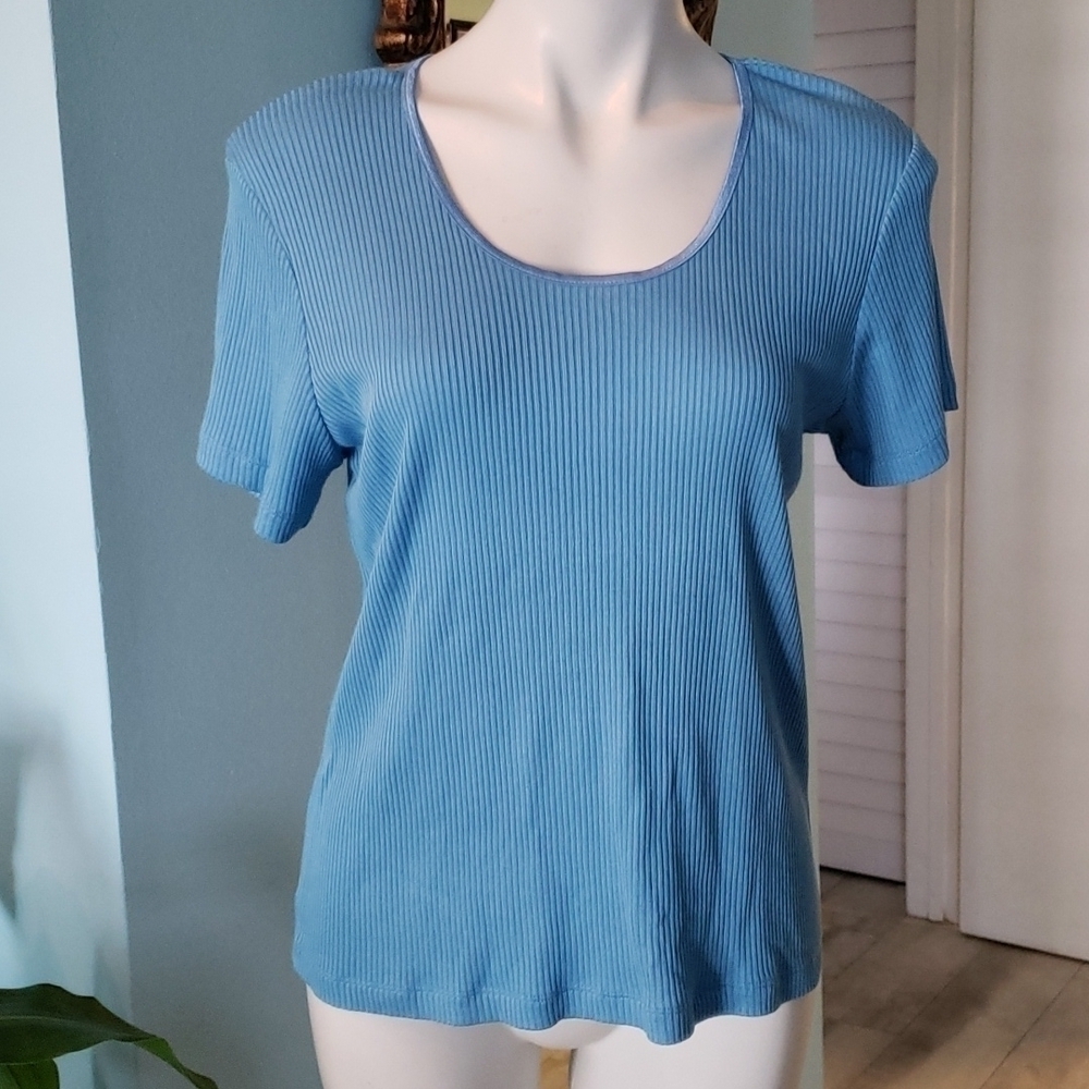 Sigrid Olsen Blue Ribbed Top with Scoop Neck